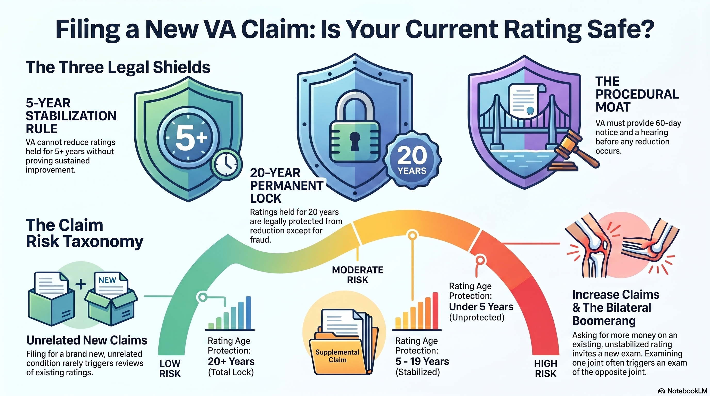 Filing a New VA Claim: Is Your Current Rating Safe? — infographic summarizing the three legal shields (5-year stabilization rule, 20-year permanent lock, procedural moat) and the claim risk taxonomy (low risk for unrelated new claims, moderate risk for supplemental claims on 5-19 year ratings, high risk for increase claims and bilateral-body-part exams).